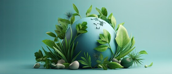 3D-rendered minimalist globe, green leaves symbolizing care for the environment, flat background,