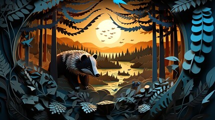 3D-rendered minimalist paper-cut scene of a badger in a woodland at dusk,
