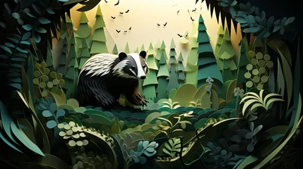  3D-rendered minimalist paper-cut scene of a badger in a woodland at dusk, © Anuwat