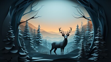 3D-rendered minimalist paper-cut scene of a deer in a misty forest at dawn,