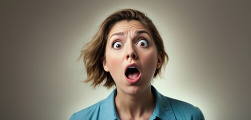 A woman shows a humorous expression of surprise with wide eyes and an open mouth, set against a soft beige background.