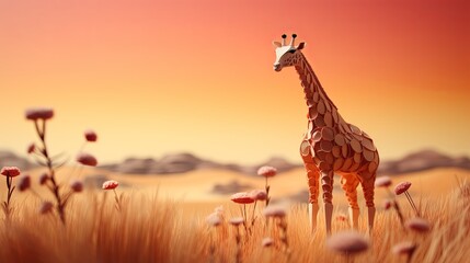 3D-rendered paper-cut scene of a giraffe grazing in a tall grassland, minimalist style, blurred savanna background, - obrazy, fototapety, plakaty