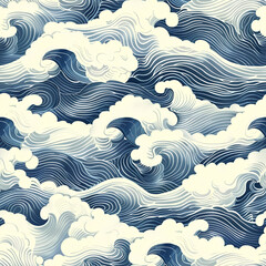 Fototapeta na wymiar Stylized Ocean Waves Pattern, Traditional Japanese Style, Serene Blue and White Illustration