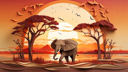 3D-rendered paper-cut style of a majestic elephant in the African savannah, minimalist design,