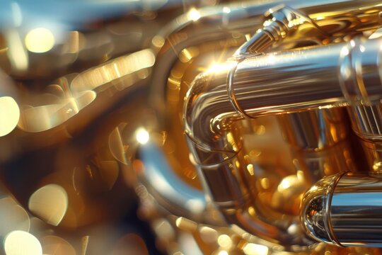 Focus on the intricate details of a shiny brass trumpet