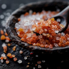 Spoon full of coarse orange sea salt on a black background. Bowl of salt on a black table. Close-up macro food photography, 4K resolution