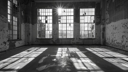 An empty room with peeling paint large window and the sunlight cast shadows on the ground