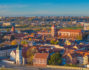 Kaunas old town panorama, Lithuania. Drone aerial view photo of Kaunas city center with many old red roof houses, churches
