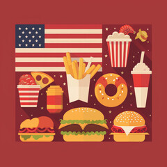 Food icons in the color of the American flag. on the independence day theme isolated on white background. National food