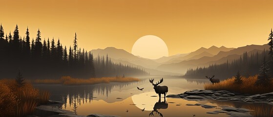 Minimalist 3D render of a moose by a misty lake, realistic paper-cut style, - obrazy, fototapety, plakaty