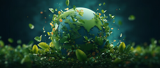 Obraz na płótnie Canvas 3D rendered globe made of green leaves floating in space, minimalist style on a flat green background,