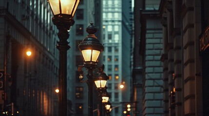 streetlights begin to illuminate city streets at dusk.