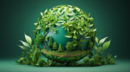 Globe of green leaves with roots extending, 3D paper-cut style, symbolizing growth