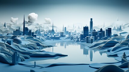 Fototapeta premium Minimalist 3D-rendered paper-cut of industrial runoff polluting rivers, blurred water background,