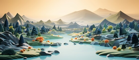 Minimalist 3D-rendered paper-cut of shrinking freshwater reserves, blurred water body background,