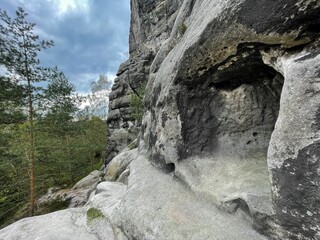 Scenic shot of gray cliffs at Elbe Sandstone Mountains in Switzerland