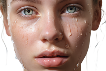 Young woman's face stained with tears reflecting sorrow. isolated on a transparent background.