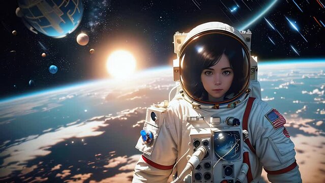 The girl is an astronaut in space on a distant planet. There is a spaceship in the background. Video.