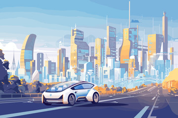 Futuristic smart city with autonomous electric vehicles, sustainable energy, and green architecture