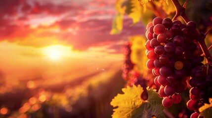 sun setting over rows of grapevines in a vineyard - obrazy, fototapety, plakaty
