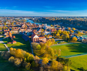 Kaunas old town panorama, Lithuania. Drone aerial view photo of Kaunas city center with many old...