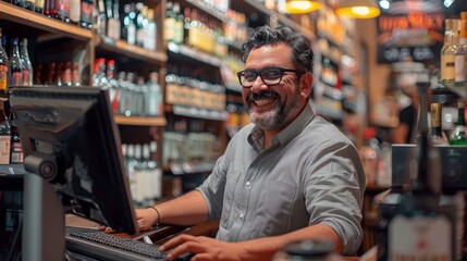Portrait of salesman using computer at cash counter in liquor store. Wine store