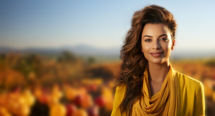 beautiful young woman in yellow scarf over autumn nature background, copy space image Place for adding text or design
