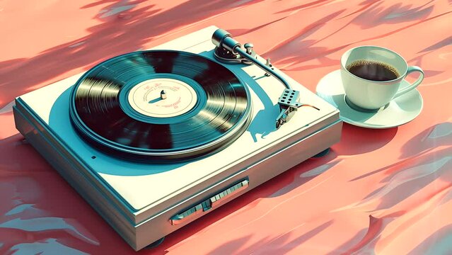 Lofi gramophone and coffee cup, world music day concept. seamless looping 4k time-lapse animation video background