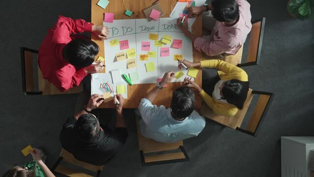 Time lapse of people writing and making scrum task board while writing marketing and planning strategy at colorful sticky notes. Smart team manage work performance by using kanaban board. Convocation.