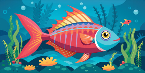 Whimsical underwater scene with colorful fish illustration