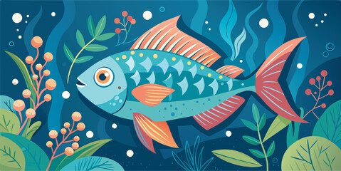Whimsical underwater scene with colorful fish illustration