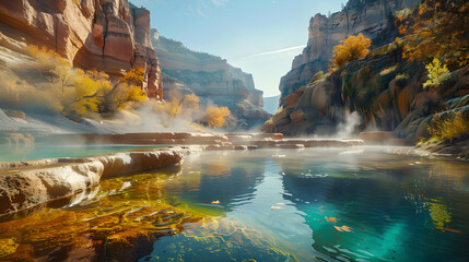 Enchanting Terrain: NM Hot Springs amidst Red Sandstone Formations and Azure Skies - obrazy, fototapety, plakaty