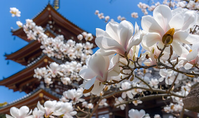 A white magnolia tree blooms in front of the temple, Generative AI