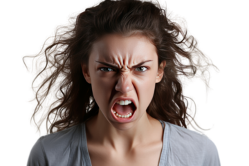 Young woman's face full of anger Expressing anger. isolated on a transparent background.