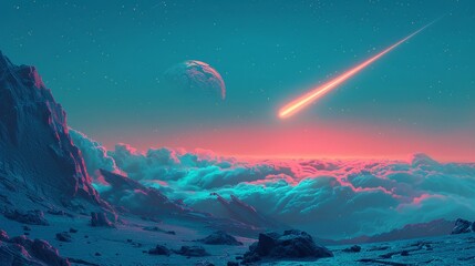 A bolide streaking across the sky, leaving a trail above a geological anomaly
