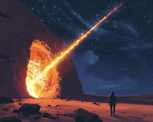 A brilliant meteor shower illuminating an unexplained cavity in a remote desert - obrazy, fototapety, plakaty