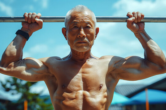 elderly athletic sporty adult asian senior male athlete shirtless training doing exercises on horizontal bars on outdoor sports field in summer