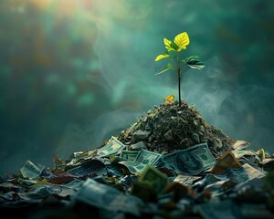 A young sapling growing from a pile of assorted global currency - obrazy, fototapety, plakaty