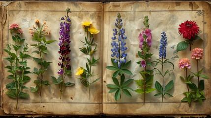 Antiquarian Book Pages Reveal A Vibrant Display Of Various Flowers In Full Bloom