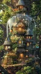 Fototapeta premium A whimsical protective cover designed as a giant glass cloche over a fairy garden