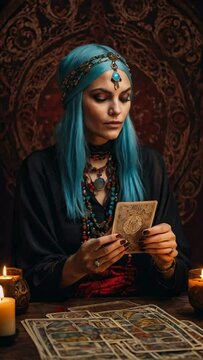 beautiful mysterious female fortune teller reading tarot cards