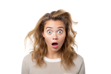 Young woman with a scared expression Expressing concern. isolated on a transparent background.