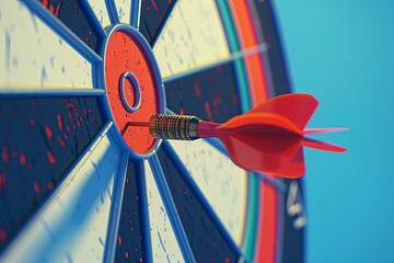 Creative illustration of a round target with an arrow. Darts. close-up. on a blue background. rich colors. generative ai