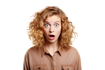 Young woman with a scared expression Expressing concern. isolated on a transparent background.