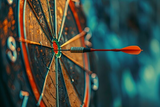 Creative illustration of a round target with an arrow. Darts. close-up. on a blue background. rich colors. generative ai - Powered by Adobe