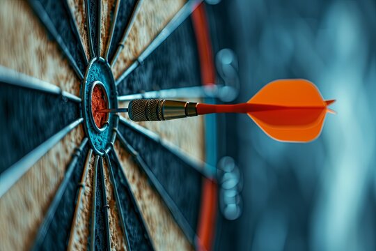 Creative illustration of a round target with an arrow. Darts. close-up. on a blue background. rich colors. generative ai