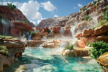 Enchanting Terrain: NM Hot Springs amidst Red Sandstone Formations and Azure Skies