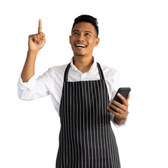 PNG style of indian businessman owner looking above and smile with happiness feeling during hold smartphone  isolated on transparent background for  add content about business concept