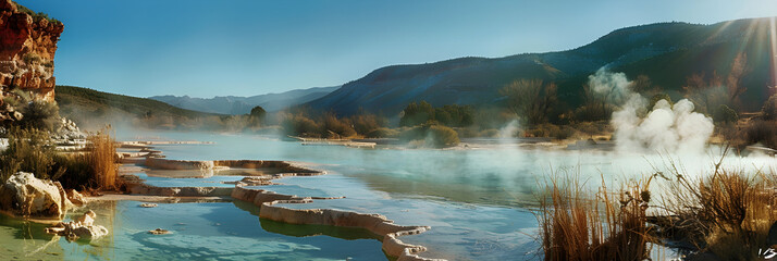 Enchanting Terrain: NM Hot Springs amidst Red Sandstone Formations and Azure Skies
