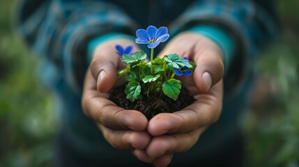 A person is holding a small blue flower in their hand. The flower is in a small pot and is surrounded by dirt. Concept of nurturing and care, as the person is holding the plant with their hands - Powered by Adobe